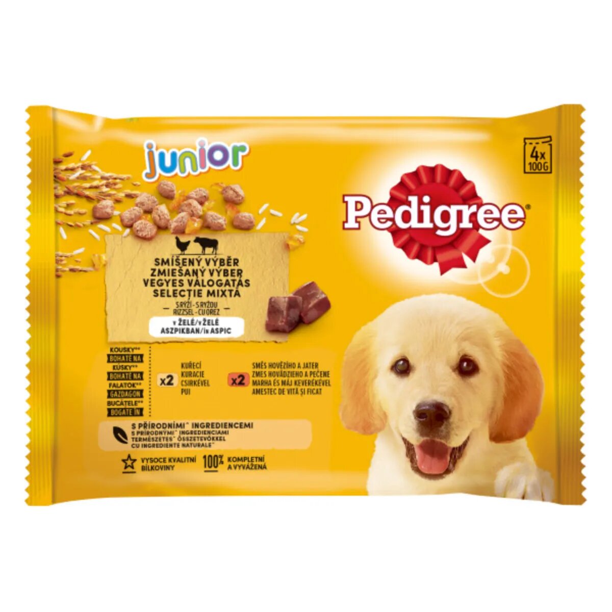PEDIGREE Junior Selectie Mixta XS-XL Carne și Orez plic hrană umedă câini junior (în aspic) multipack 100g x 4buc