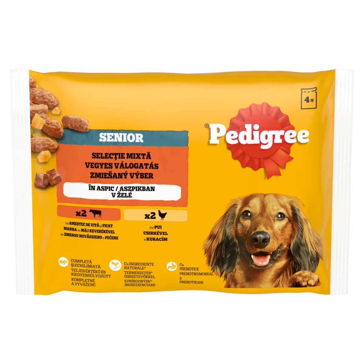 PEDIGREE Senior Mix XS-M Vită și Pui plic hrană umedă câini senior (în aspic) multipack 100g x 4buc
