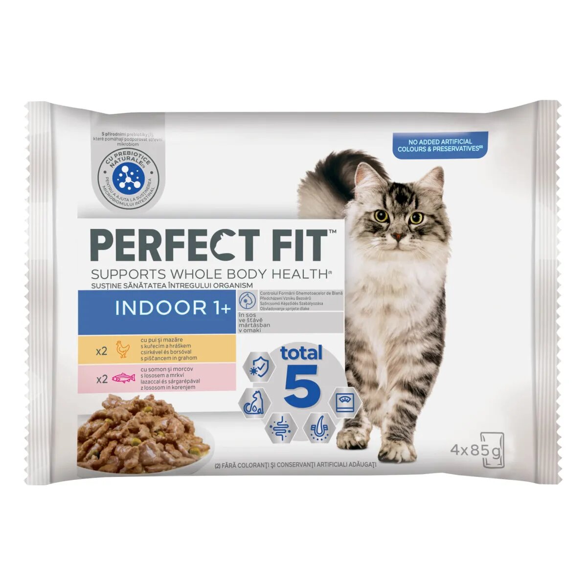 PERFECT FIT Cat Indoor 1+ Pui Somon plic hrană umedă pisici (în sos) multipack 85g x 4buc