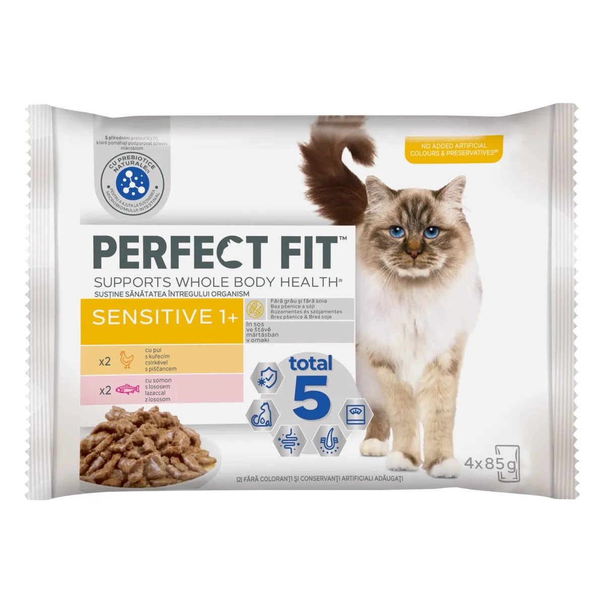 PERFECT FIT Cat Sensitive 1+ Pui și Somon plic hrană umedă pisici sistem digestiv (în sos) multipack 85g x 4buc