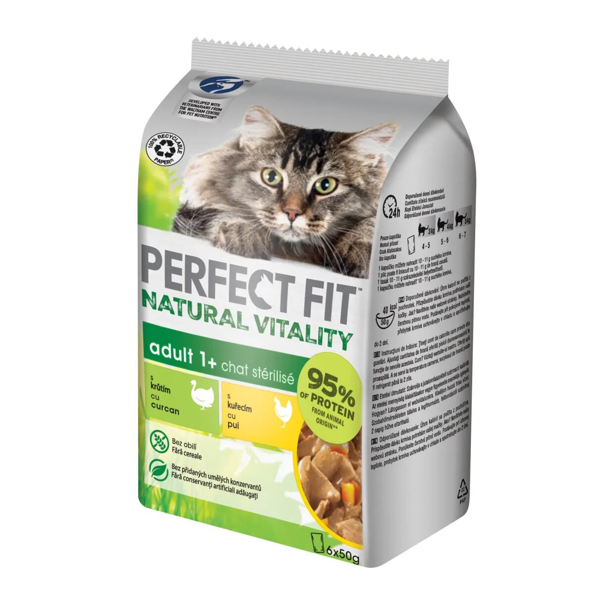 PERFECT FIT Natural Vitality Curcan și Pui plic hrană umedă fără cereale pisici (în sos) multipack 50g x 6buc