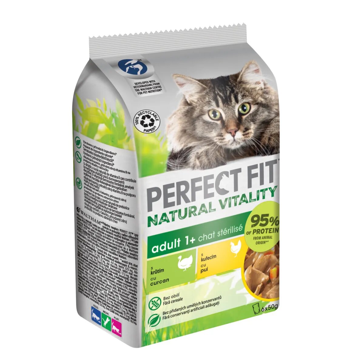 PERFECT FIT Natural Vitality Curcan și Pui plic hrană umedă fără cereale pisici (în sos) multipack 50g x 6buc