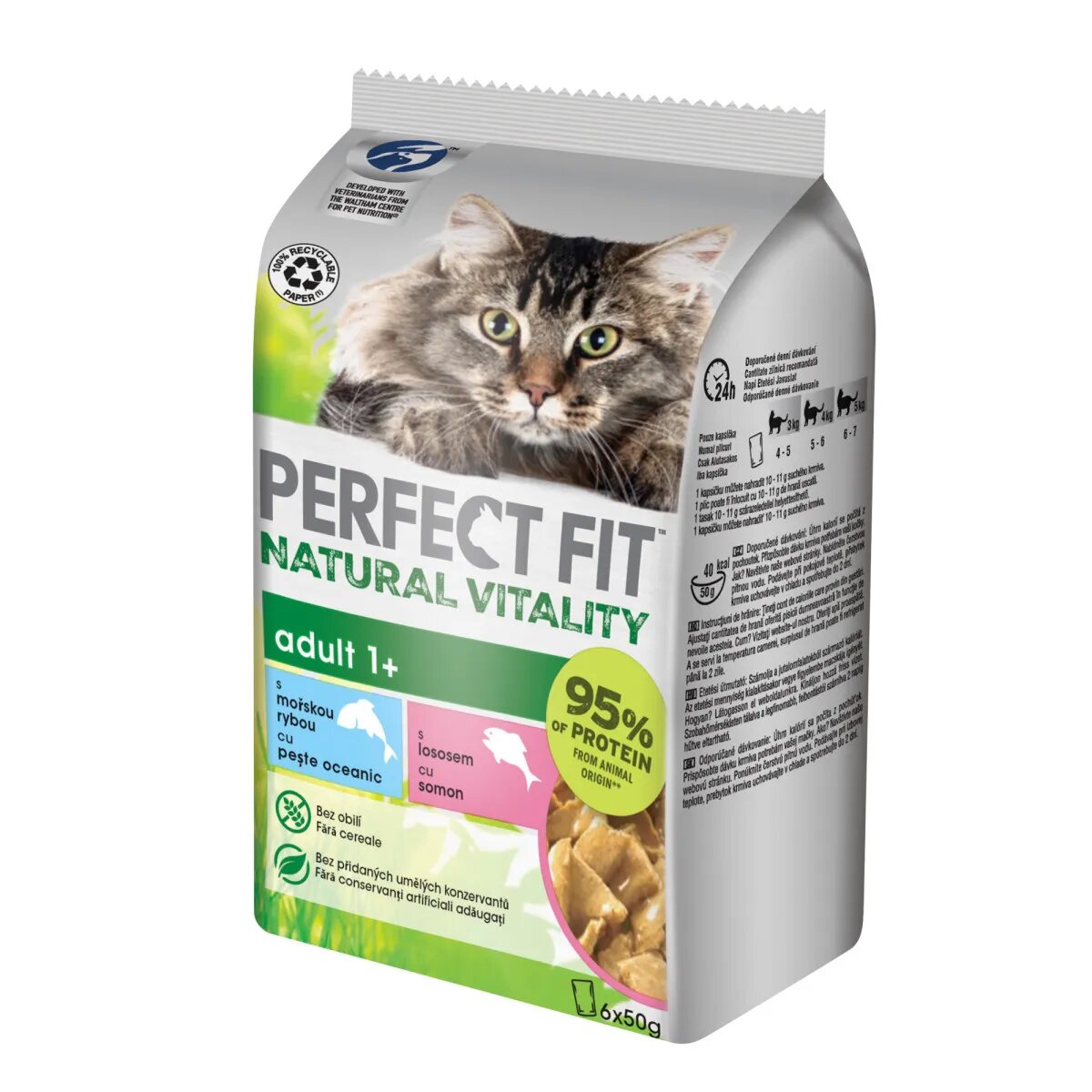 PERFECT FIT Natural Vitality Somon și Pește plic hrană umedă fără cereale pisici (în sos) multipack 50g x 6buc