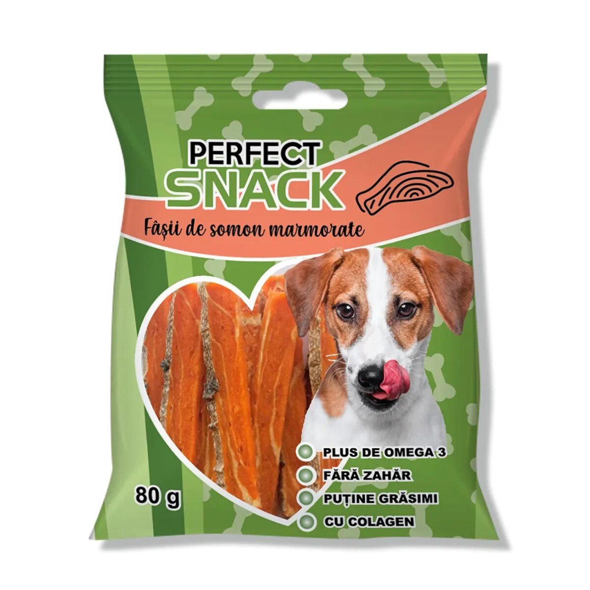 Perfect Snack Fâșii marmorate XS-XL Somon punguță recompense câini 80g