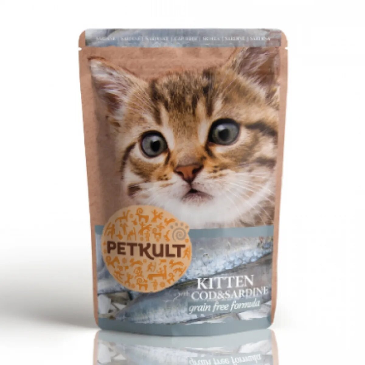 Petkult Kitten Cod şi Sardine plic hrană umedă fără cereale pisici junior 100g