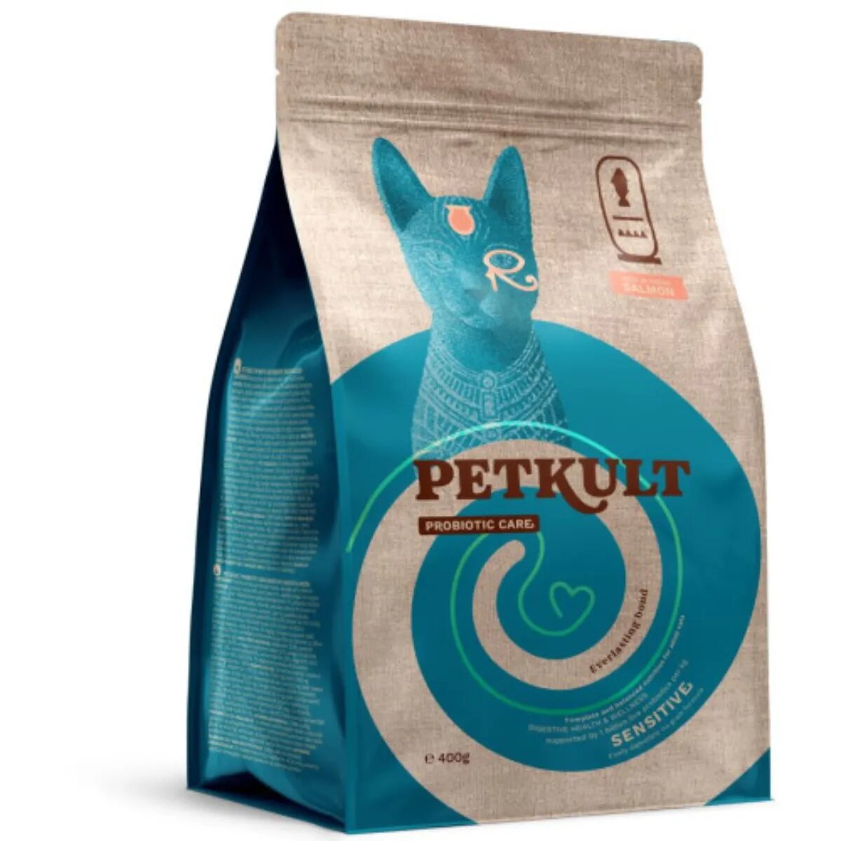 Petkult Probiotic Care Sensitive Somon și Curcan hrană uscată fără cereale pisici sistem digestiv 400g
