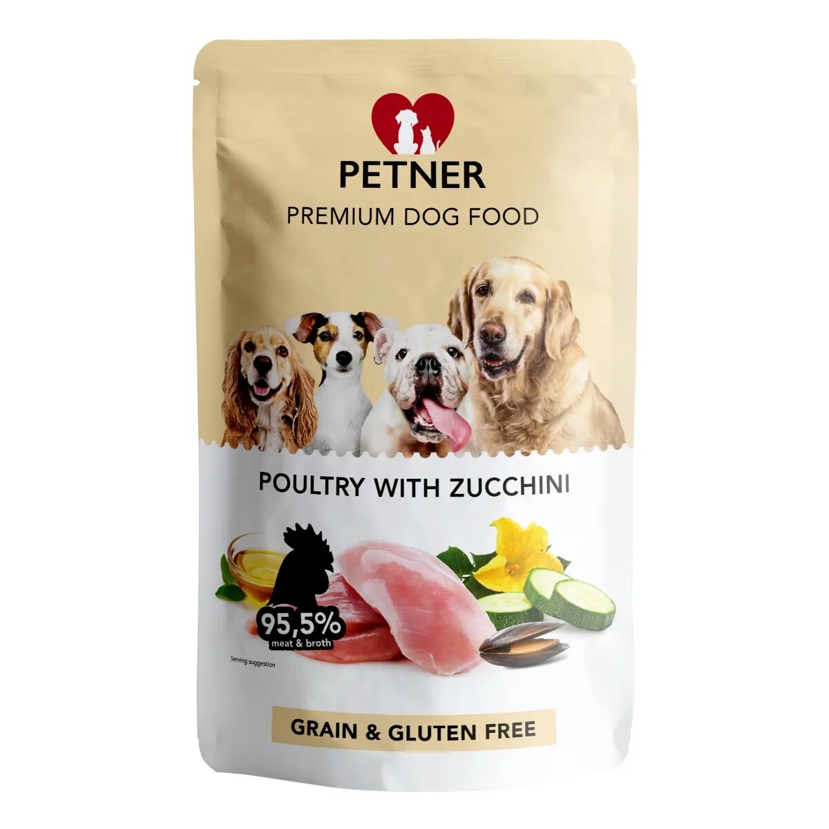Petner Adult Pasăre și Zucchini plic hrană umedă câini (în aspic) 500g