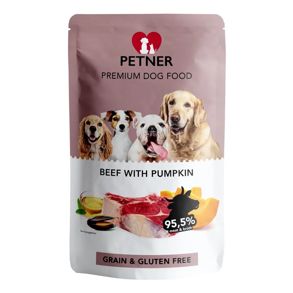Petner Adult Vită și Dovleac plic hrană umedă câini (în aspic) 500g