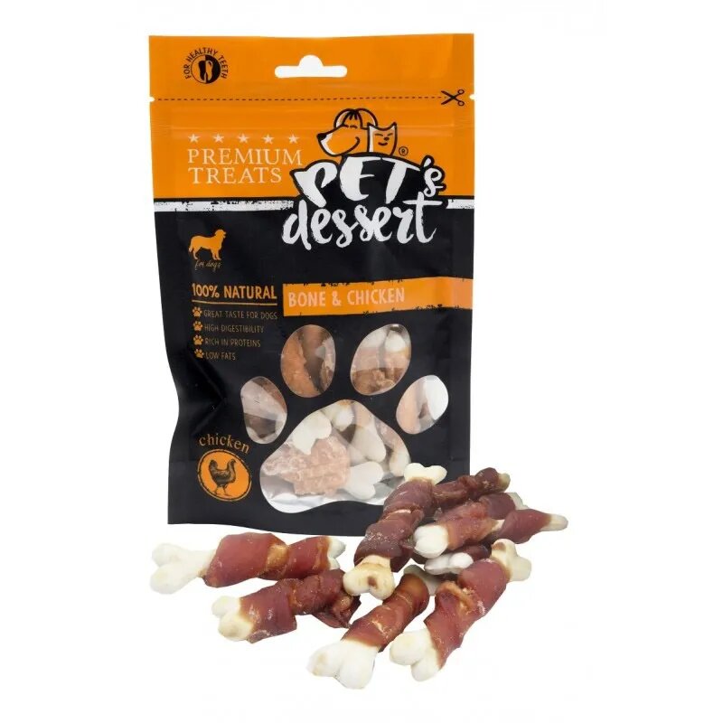 PET'S DESSERT Bone & Chicken XS-XL Pui punguță recompense fără cereale câini 80g
