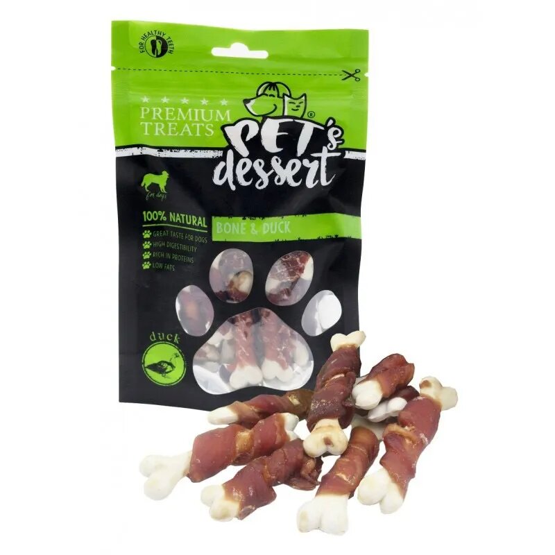 PET'S DESSERT Bone & Duck XS-XL Rață punguță recompense fără cereale câini 500g