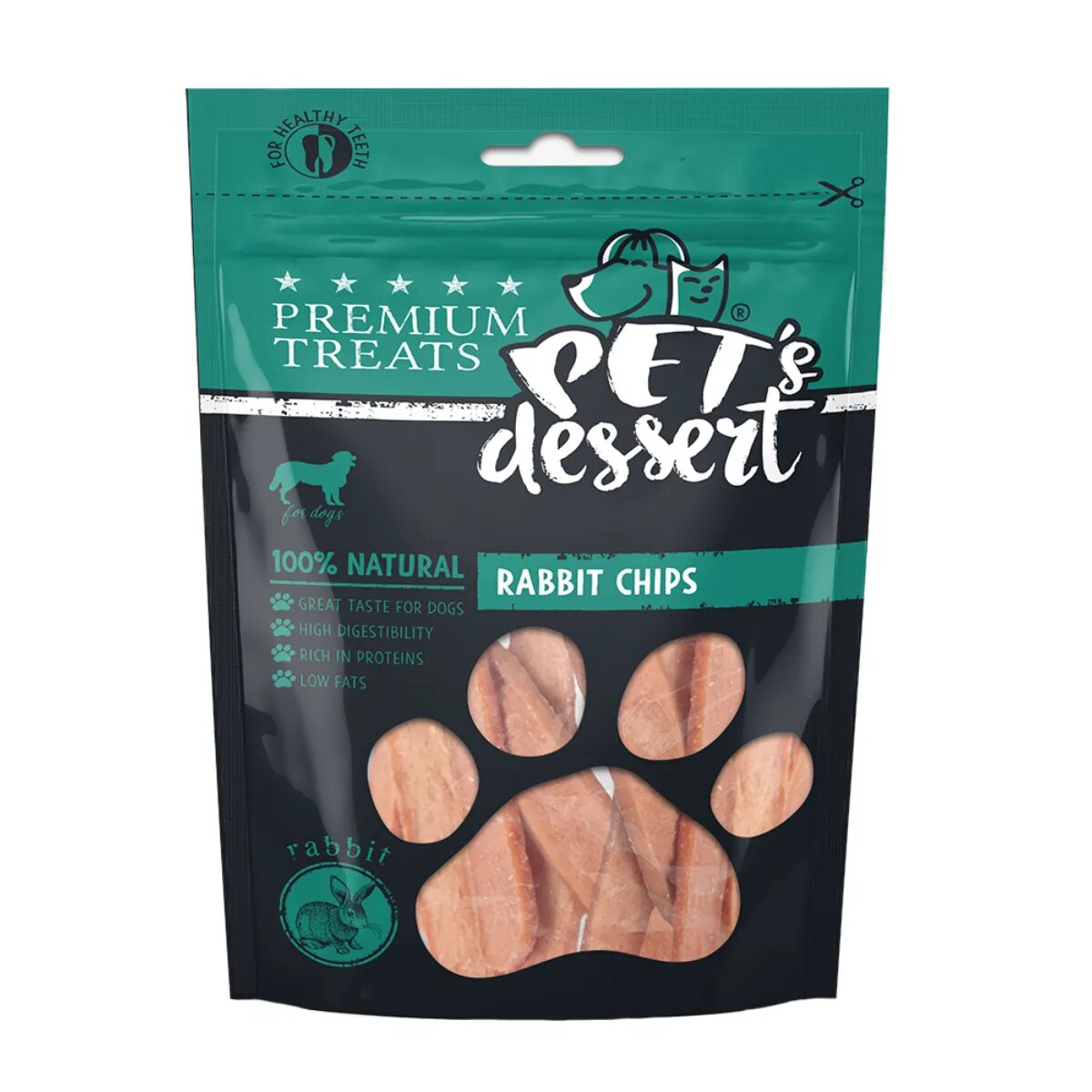 PET'S DESSERT Chips XS-XL Iepure punguță recompense fără cereale câini 80g