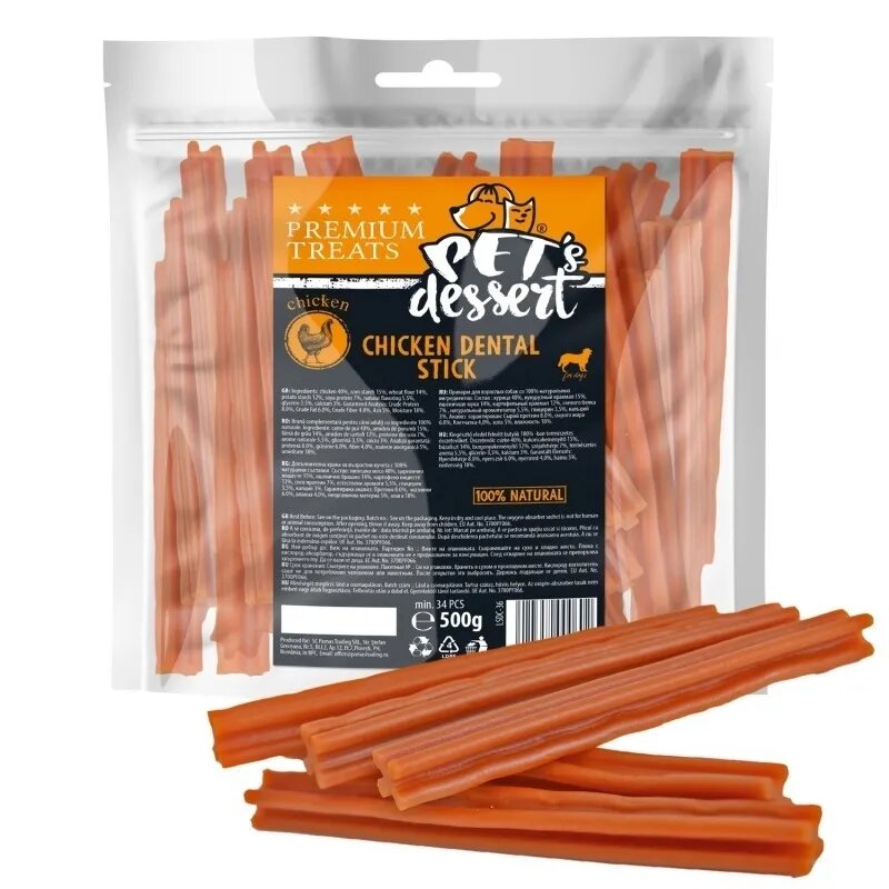 PET'S DESSERT Dental Stick XS-XL Pui punguță recompense fără cereale câini 500g