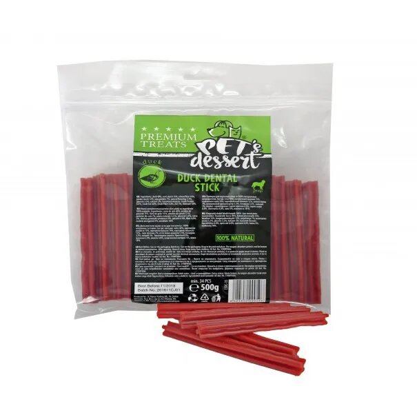 PET'S DESSERT Dental Stick XS-XL Rață punguță recompense fără cereale câini 500g