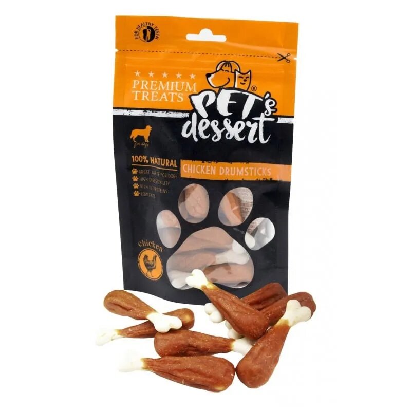 PET'S DESSERT Drumsticks XS-XL Pui punguță recompense fără cereale câini 500g