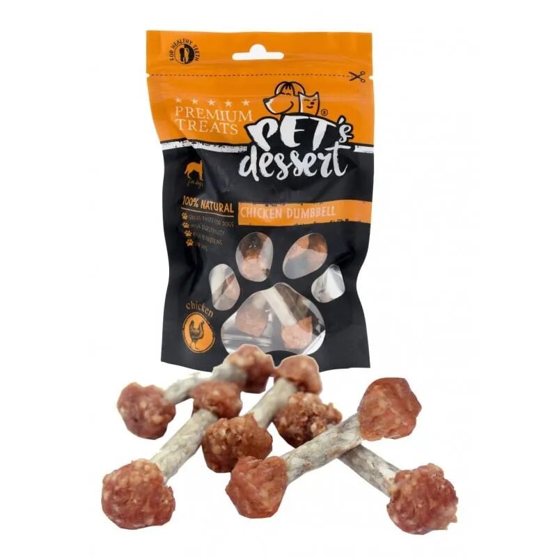 PET'S DESSERT Dumbbell XS-XL Pui punguță recompense fără cereale câini 500g