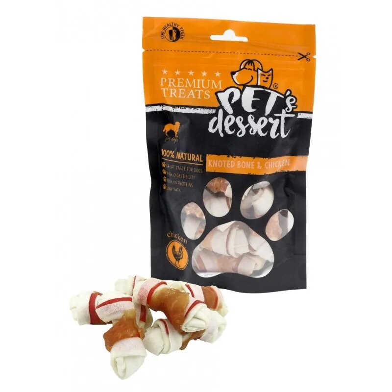 PET'S DESSERT Knoted Bone & Chicken XS-XL Pui punguță recompense fără cereale câini 80g