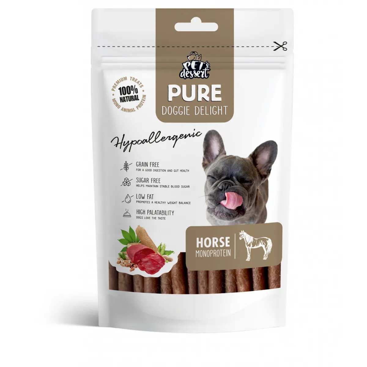 PET'S DESSERT Pure Doggie Delight Hypoallergenic XS-XL Cal punguță recompense monoproteice fără cereale câini alergii 80g