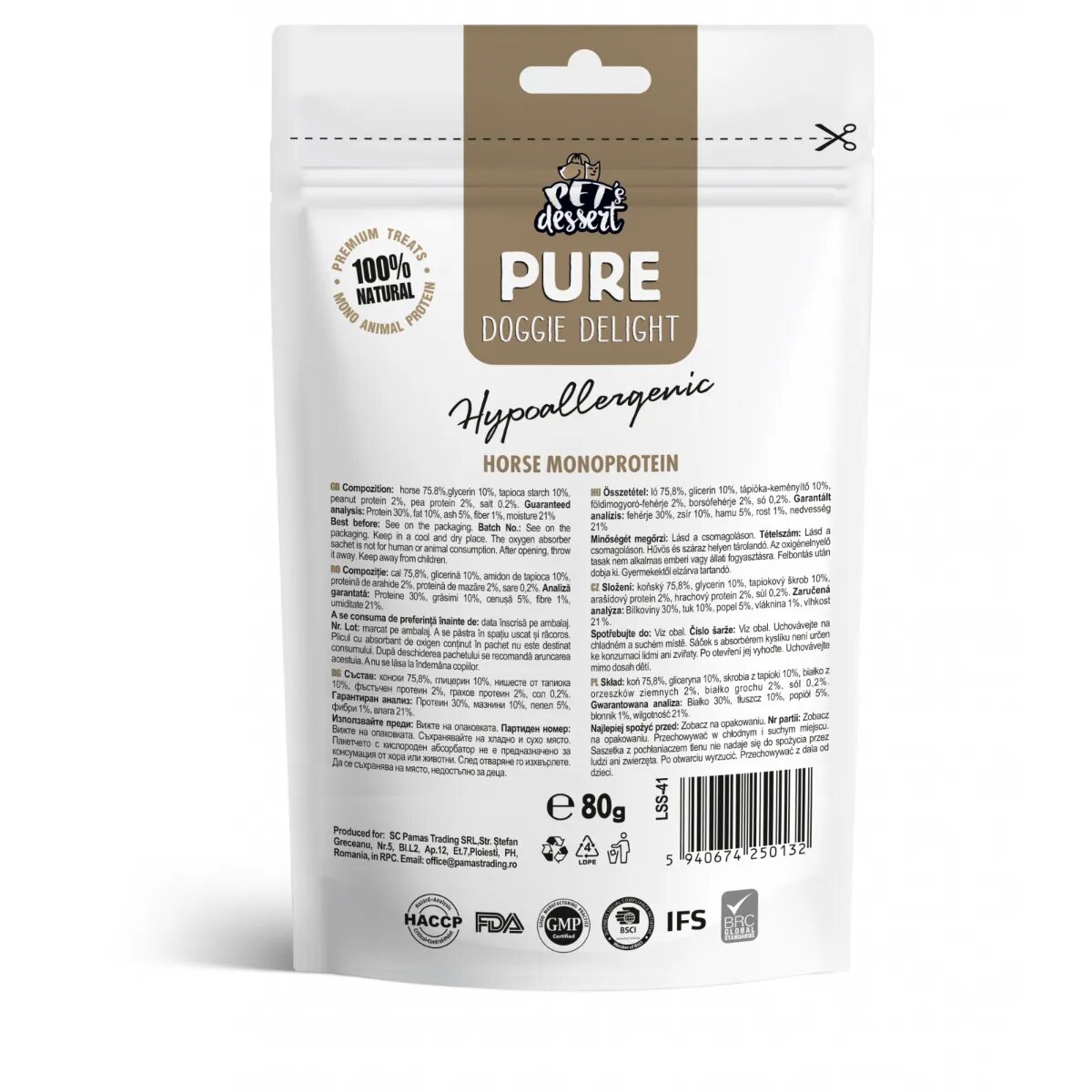 PET'S DESSERT Pure Doggie Delight Hypoallergenic XS-XL Cal punguță recompense monoproteice fără cereale câini alergii 80g