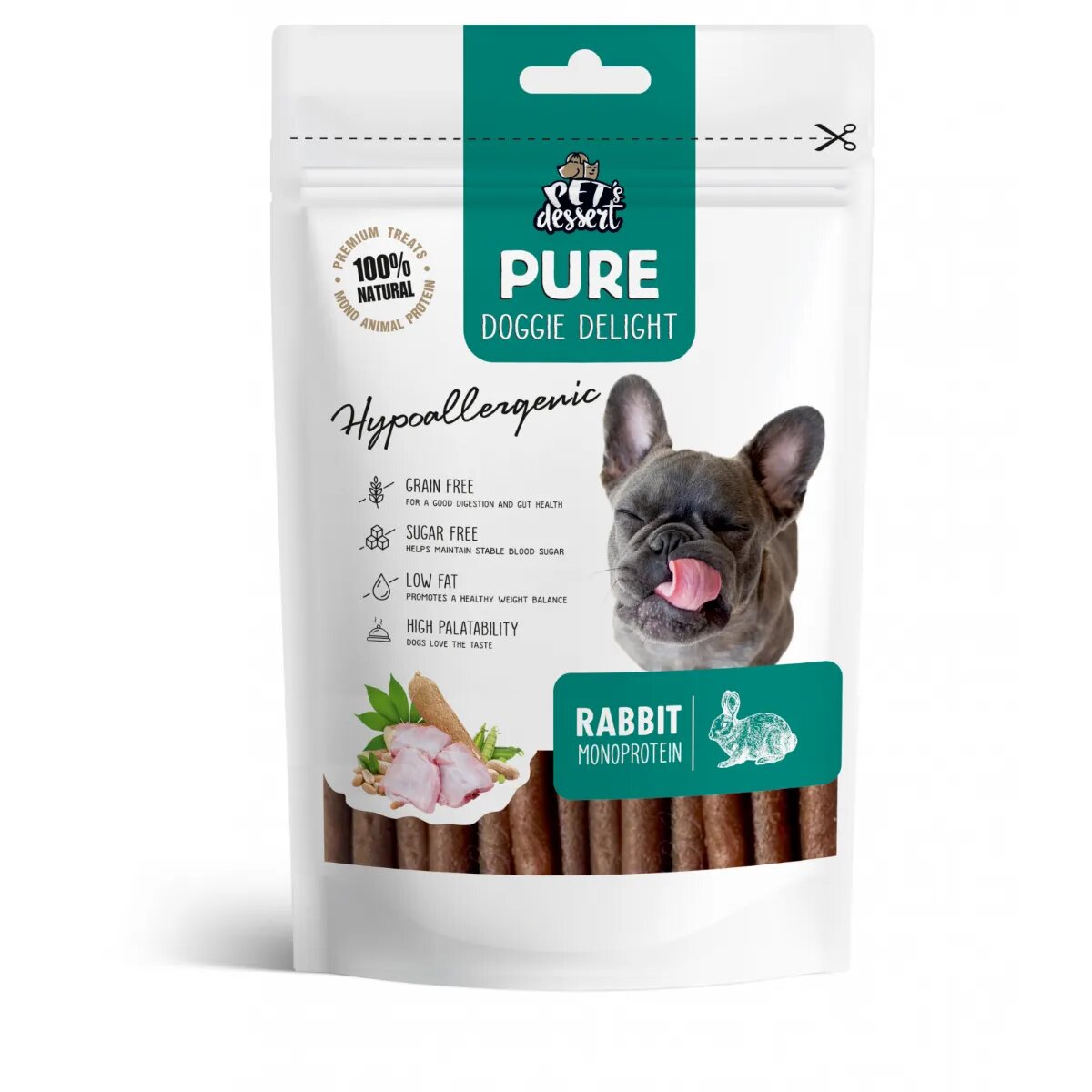 PET'S DESSERT Pure Doggie Delight Hypoallergenic XS-XL Iepure punguță recompense monoproteice fără cereale câini alergii 80g