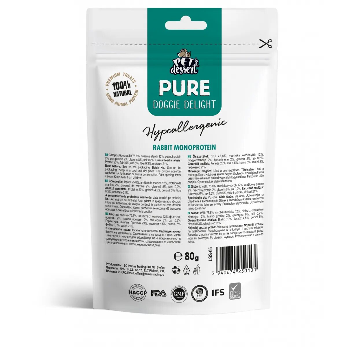PET'S DESSERT Pure Doggie Delight Hypoallergenic XS-XL Iepure punguță recompense monoproteice fără cereale câini alergii 80g