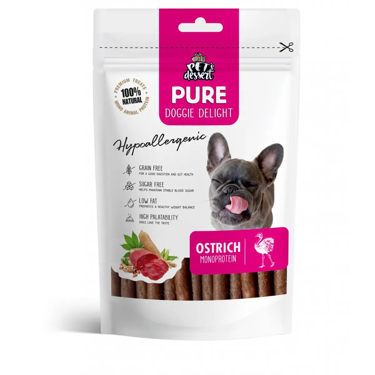 PET'S DESSERT Pure Doggie Delight Hypoallergenic XS-XL Struț punguță recompense monoproteice fără cereale câini alergii 80g