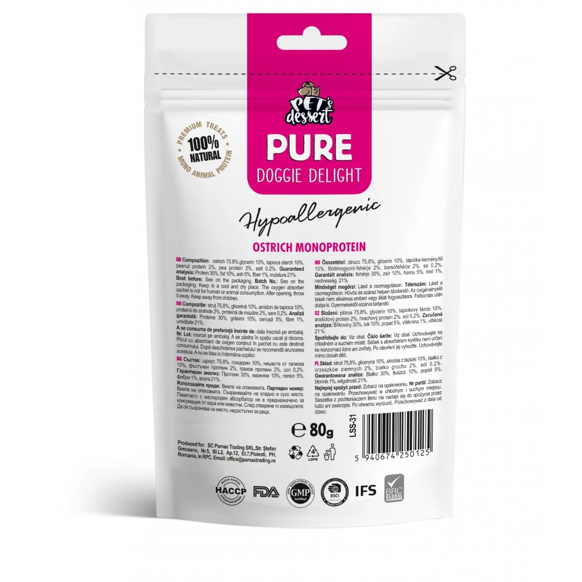 PET'S DESSERT Pure Doggie Delight Hypoallergenic XS-XL Struț punguță recompense monoproteice fără cereale câini alergii 80g