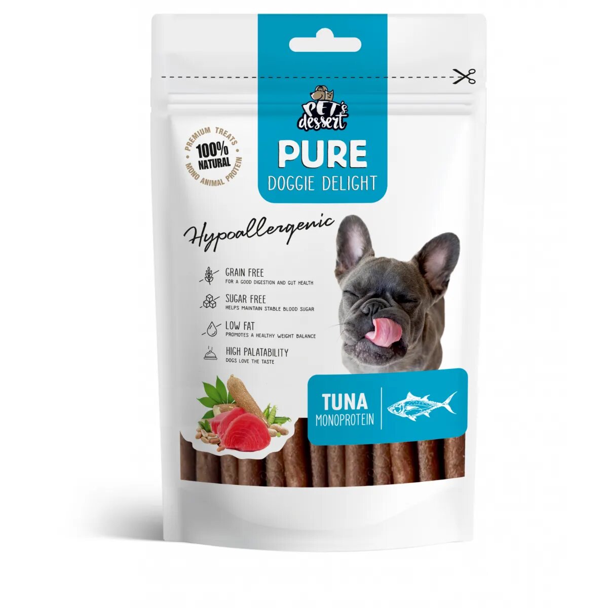 PET'S DESSERT Pure Doggie Delight Hypoallergenic XS-XL Ton punguță recompense monoproteice fără cereale câini alergii 80g