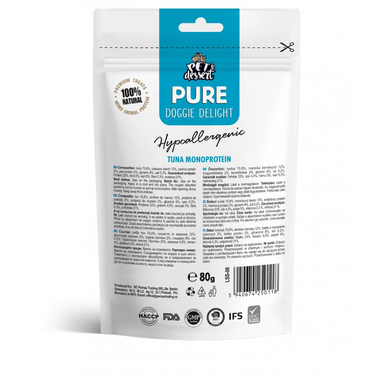 PET'S DESSERT Pure Doggie Delight Hypoallergenic XS-XL Ton punguță recompense monoproteice fără cereale câini alergii 80g