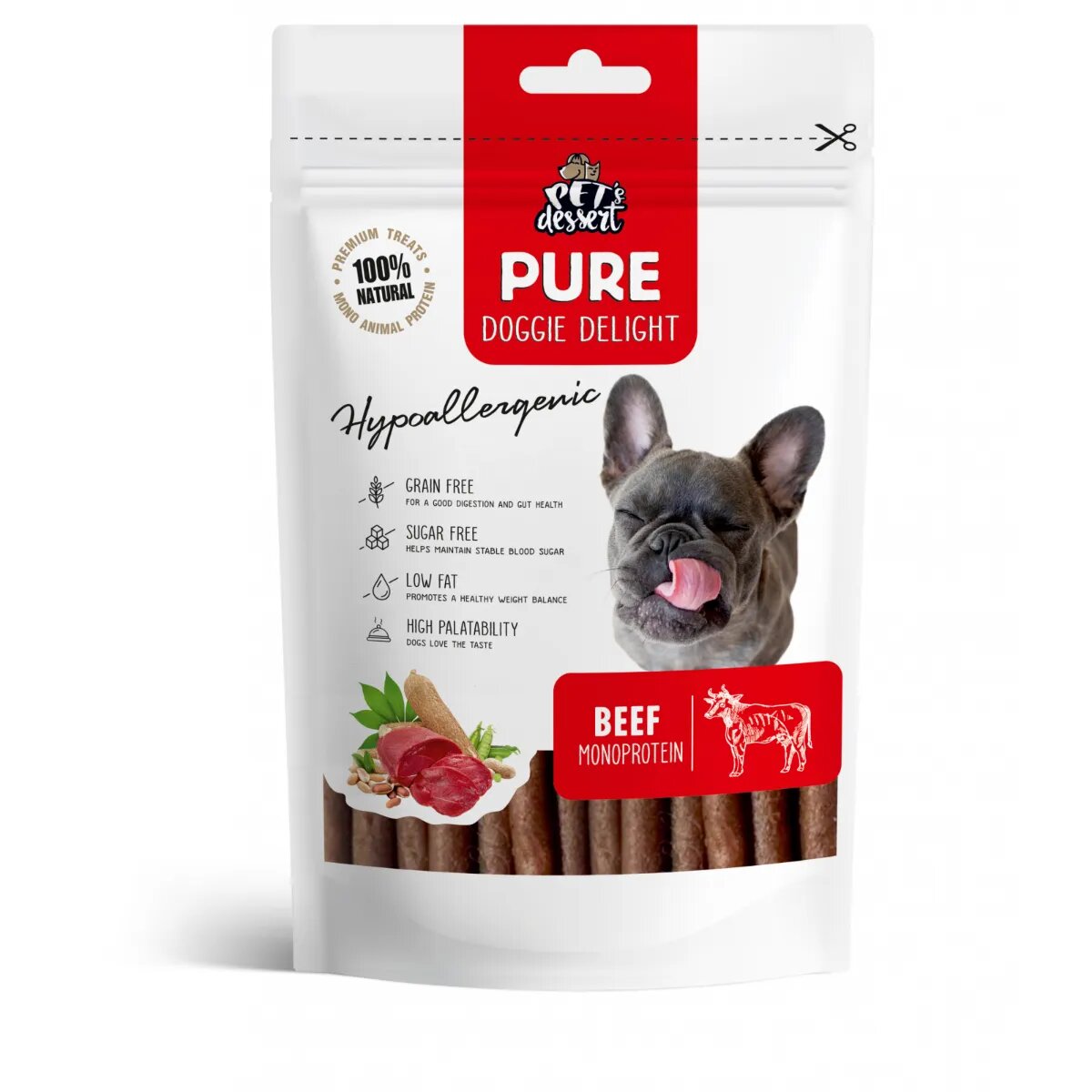 PET'S DESSERT Pure Doggie Delight Hypoallergenic XS-XL Vită punguță recompense monoproteice fără cereale câini alergii 80g