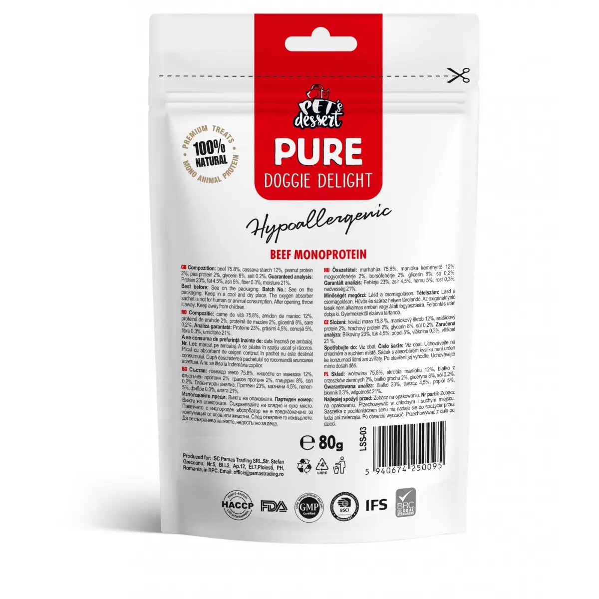 PET'S DESSERT Pure Doggie Delight Hypoallergenic XS-XL Vită punguță recompense monoproteice fără cereale câini alergii 80g