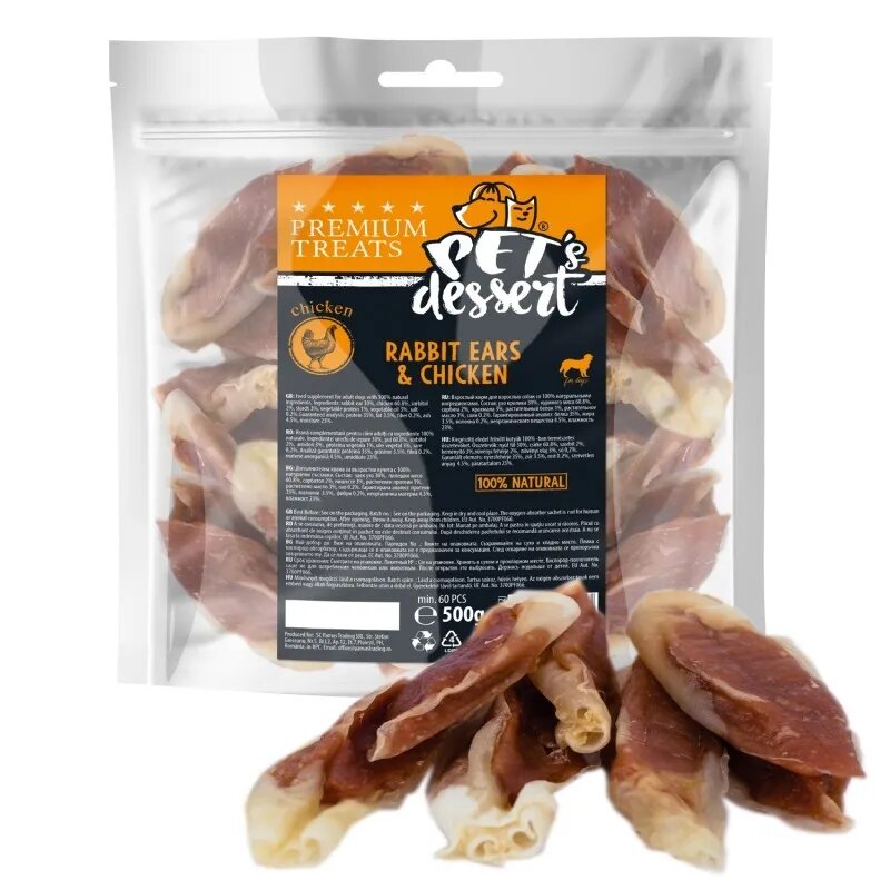 PET'S DESSERT Rabbit Ears & Chicken XS-XL Iepure și Pui punguță recompense fără cereale câini 500g