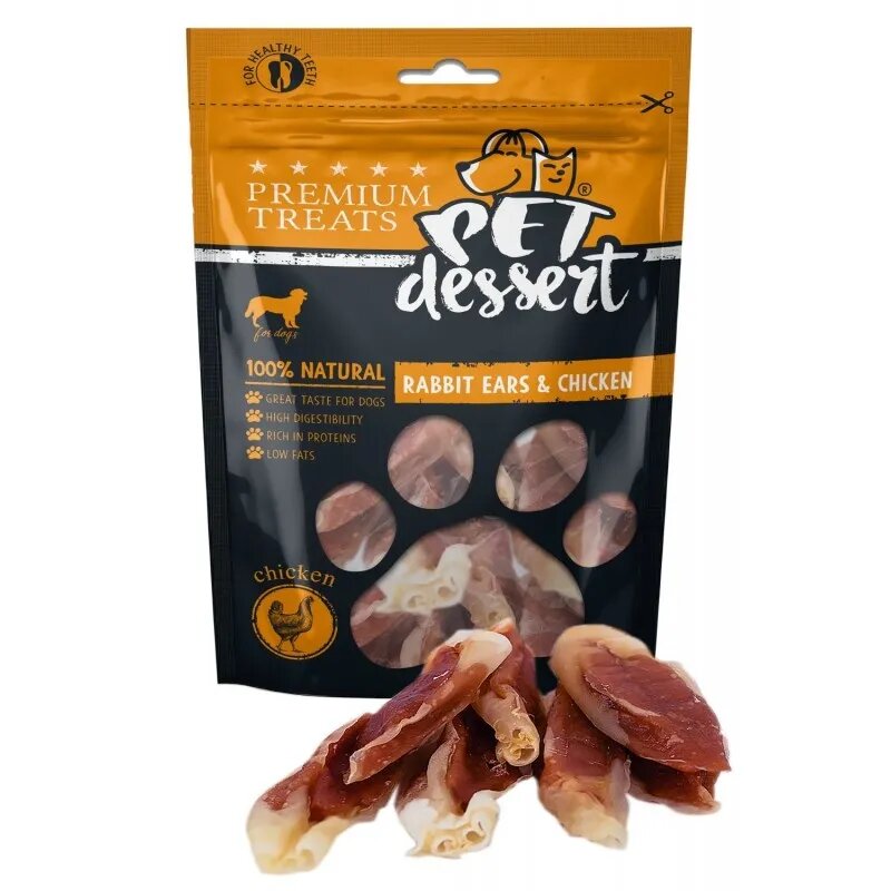 PET'S DESSERT Rabbit Ears & Chicken XS-XL Iepure și Pui punguță recompense fără cereale câini 80g