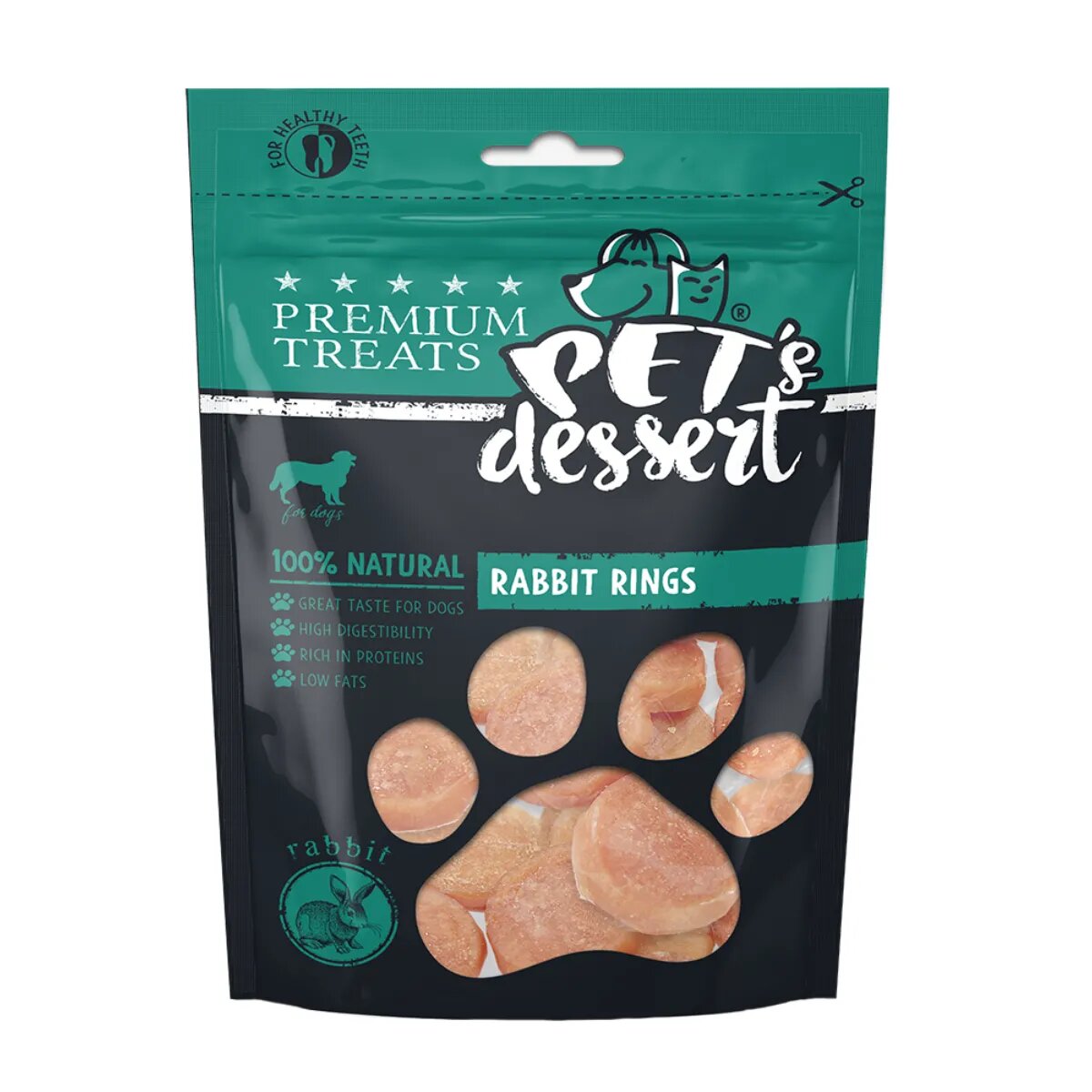 PET'S DESSERT Rings XS-XL Iepure punguță recompense fără cereale câini 80g
