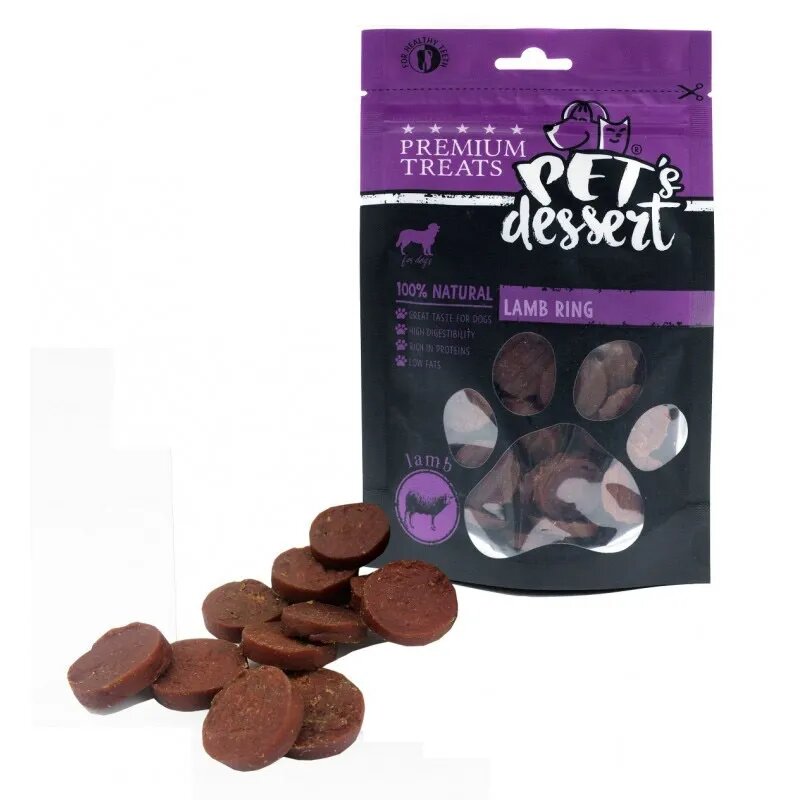 PET'S DESSERT Rings XS-XL Miel punguță recompense fără cereale câini 80g