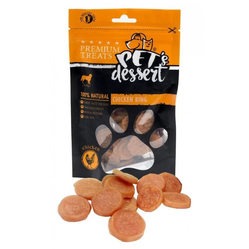 PET'S DESSERT Rings XS-XL Pui punguță recompense fără cereale câini 80g