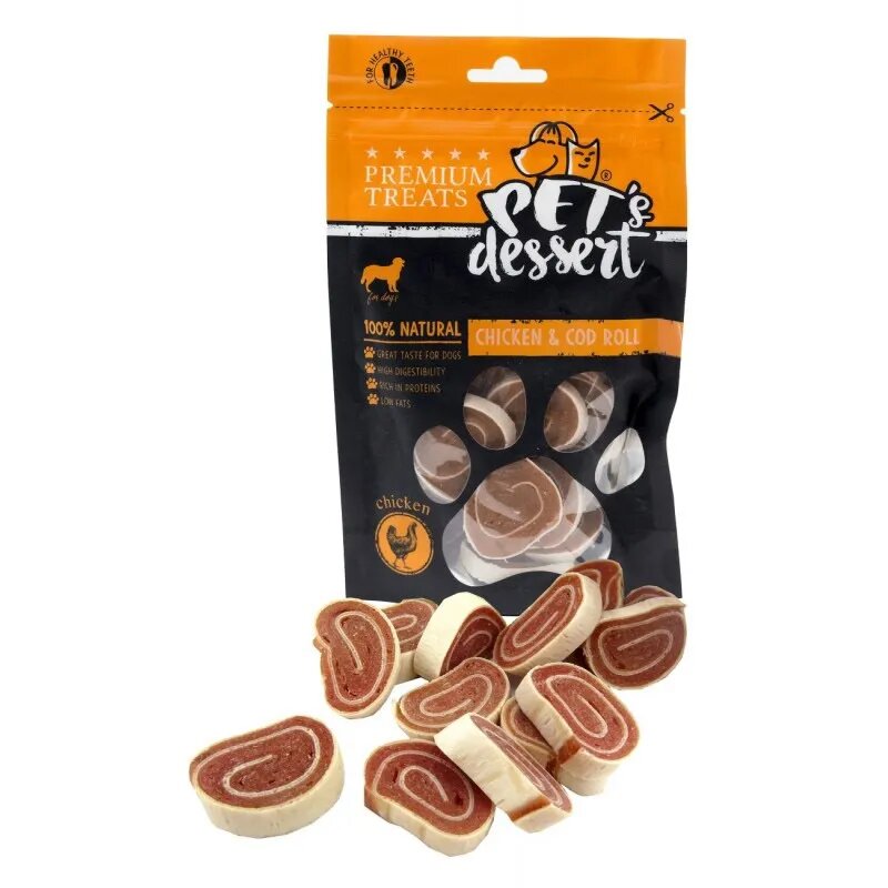 PET'S DESSERT Roll XS-XL Pui și Cod punguță recompense fără cereale câini 80g