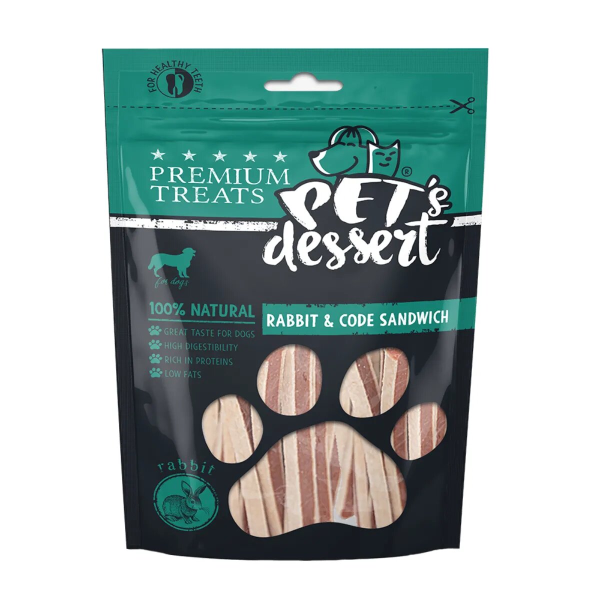 PET'S DESSERT Sandwich XS-XL Iepure și Cod punguță recompense fără cereale câini 80g