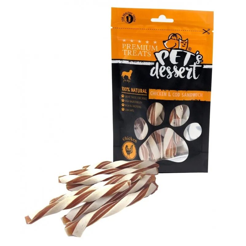 PET'S DESSERT Sandwich XS-XL Pui și Cod punguță recompense fără cereale câini 80g