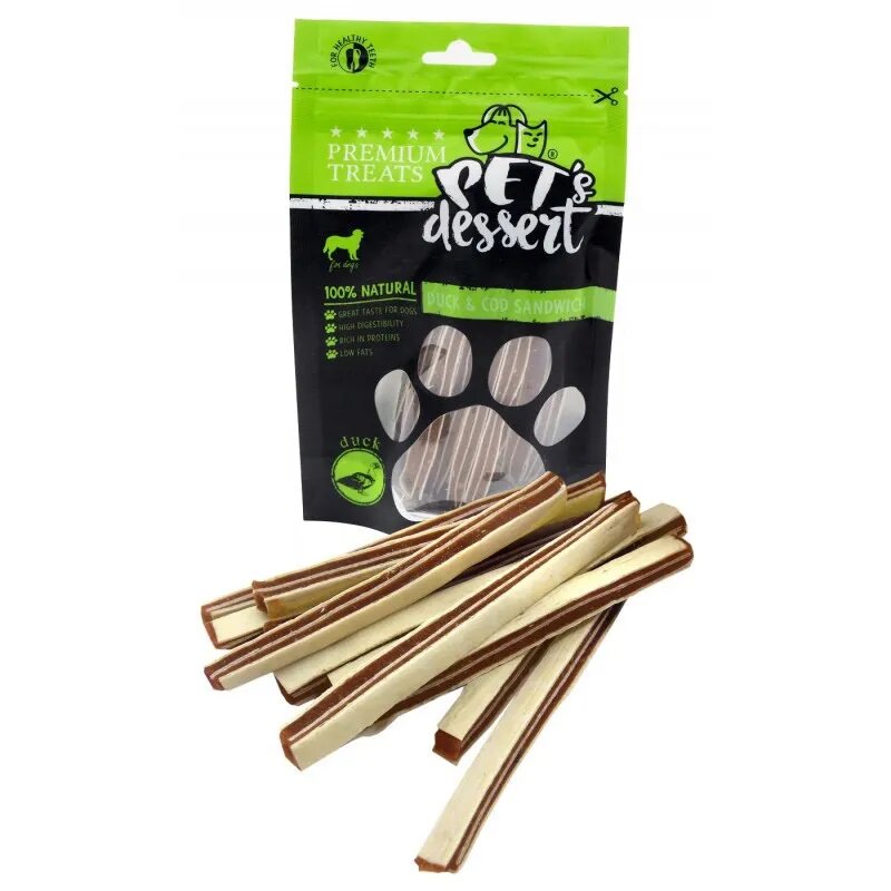 PET'S DESSERT Sandwich XS-XL Rață și Cod punguță recompense fără cereale câini 80g