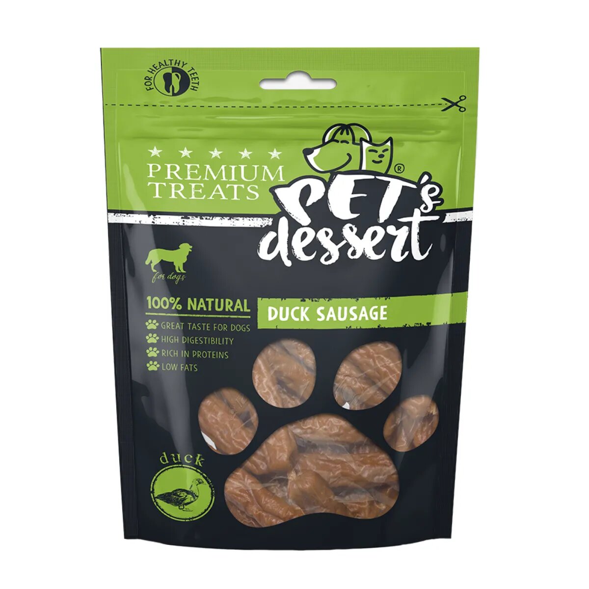 PET'S DESSERT Sausage XS-XL Rață punguță recompense fără cereale câini 80g