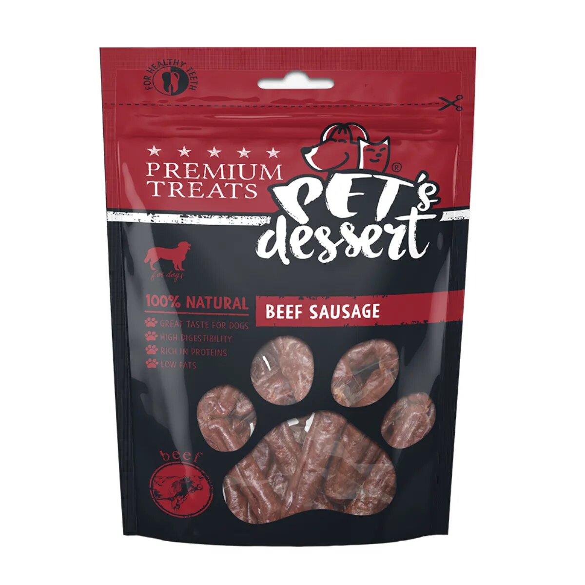 PET'S DESSERT Sausage XS-XL Vită punguță recompense fără cereale câini 80g