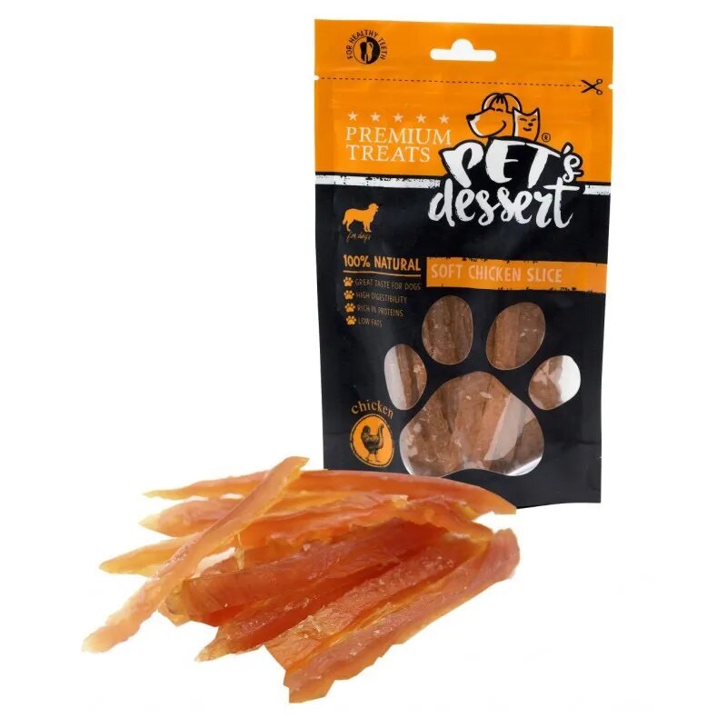 PET'S DESSERT Soft Slice XS-XL Pui punguță recompense fără cereale câini 80g