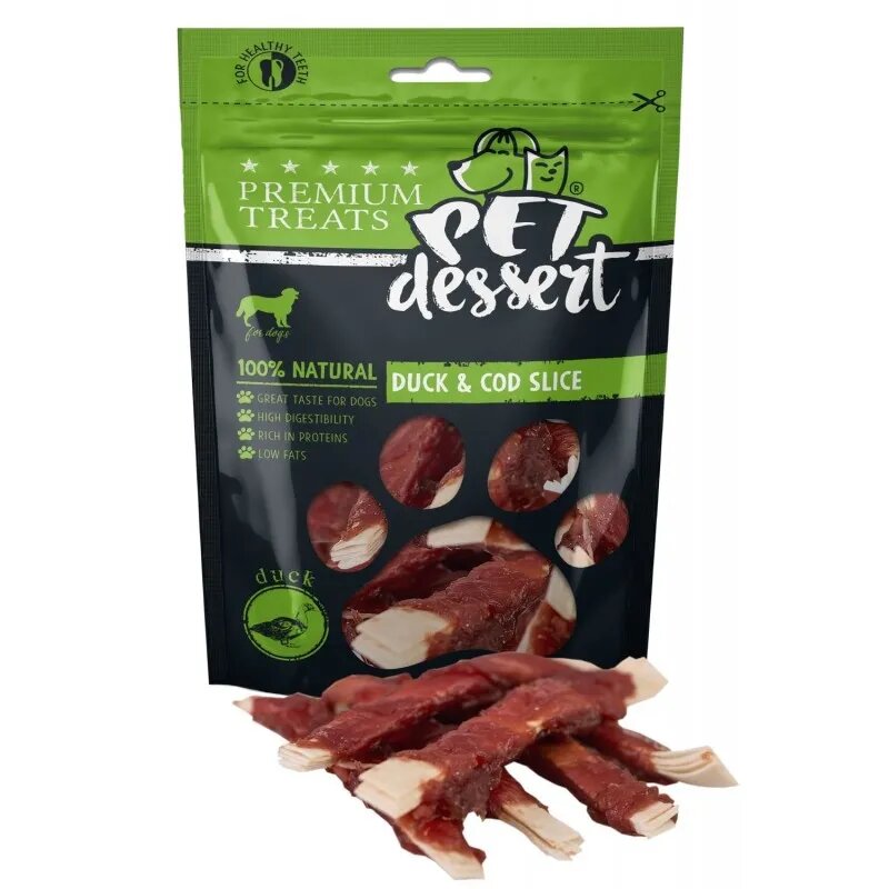 PET'S DESSERT Soft Slice XS-XL Rață și Cod punguță recompense fără cereale câini 80g
