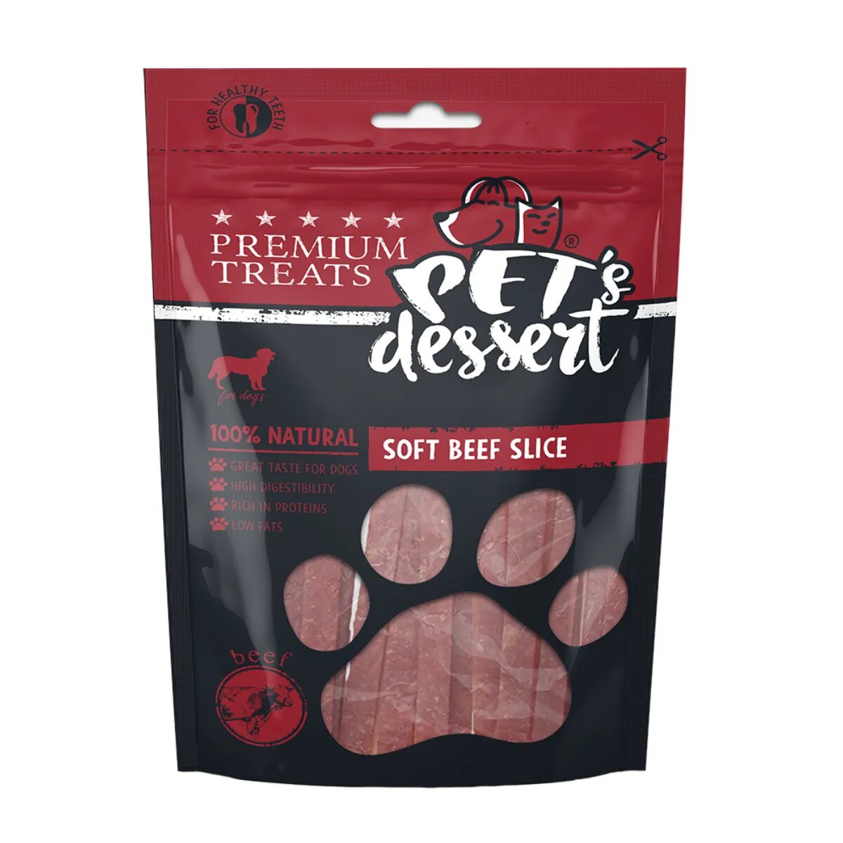 PET'S DESSERT Soft Slice XS-XL Vită punguță recompense fără cereale câini 80g