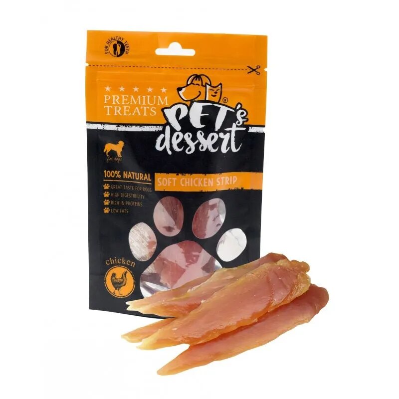 PET'S DESSERT Soft Strip XS-XL Pui punguță recompense fără cereale câini 80g