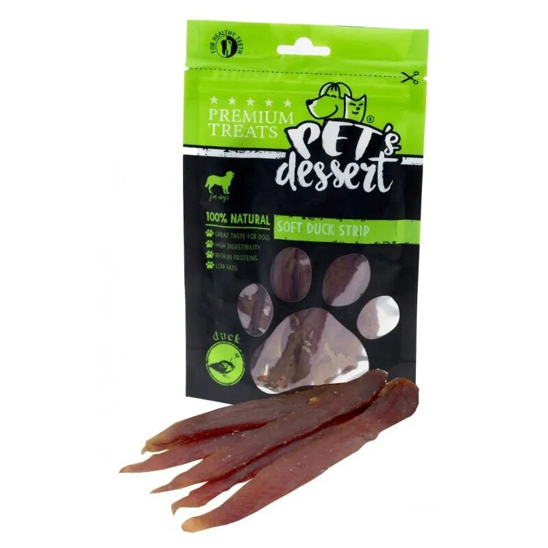 PET'S DESSERT Soft Strip XS-XL Rață punguță recompense fără cereale câini 80g