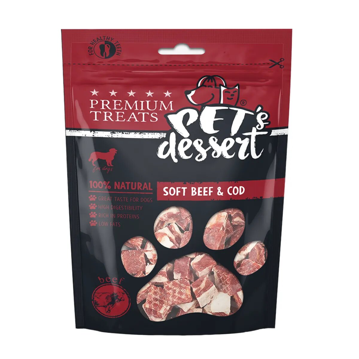 PET'S DESSERT Soft XS-XL Vită și Cod punguță recompense fără cereale câini 80g
