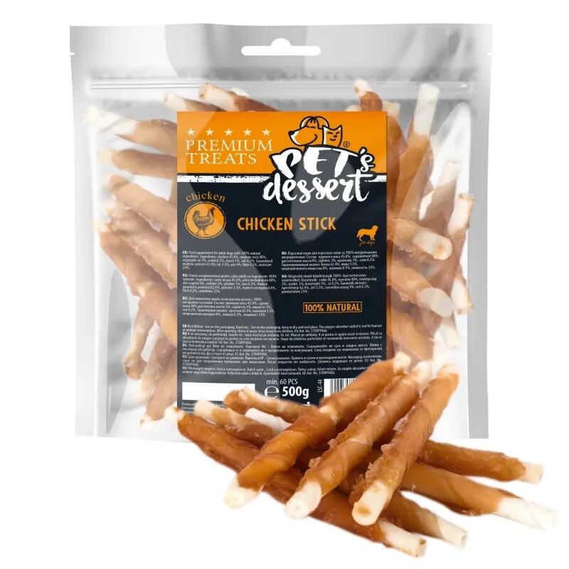 PET'S DESSERT Stick XS-XL Pui punguță recompense fără cereale câini 500g