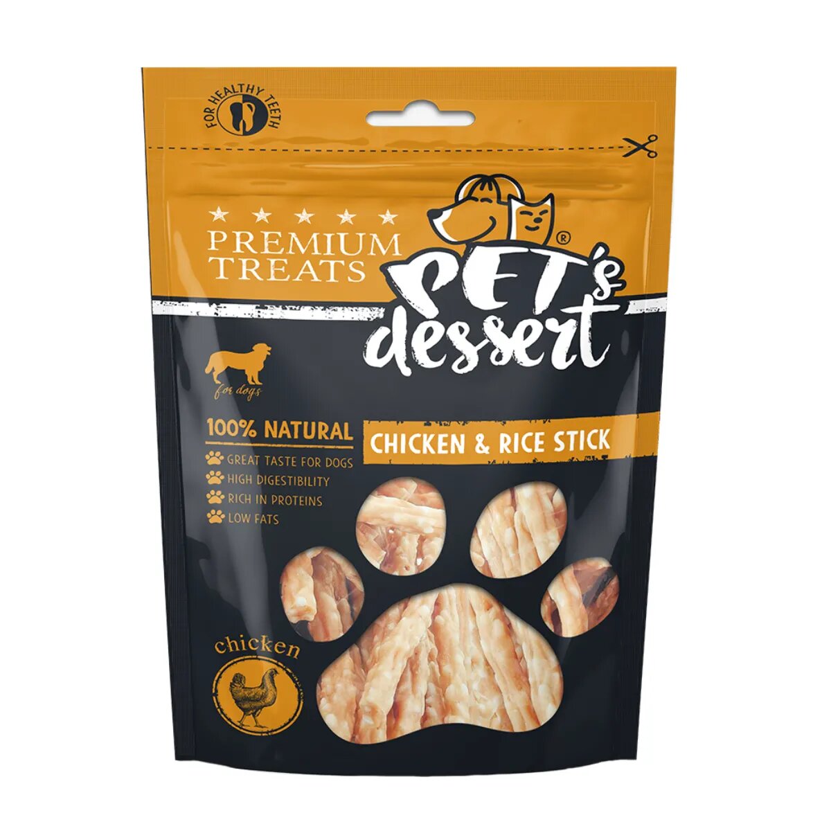 PET'S DESSERT Stick XS-XL Pui și Orez punguță recompense fără cereale câini 80g