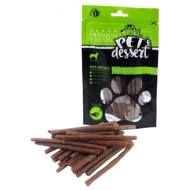 PET'S DESSERT Stick XS-XL Rață punguță recompense fără cereale câini 80g